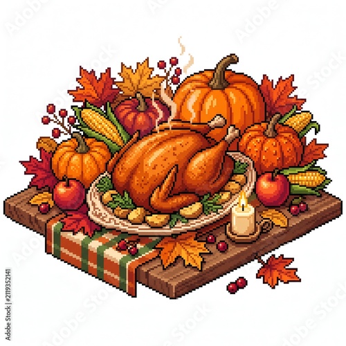 Festive Pixel Art Thanksgiving Centerpiece Featuring Roasted Turkey and Autumn Harvest Vegetables