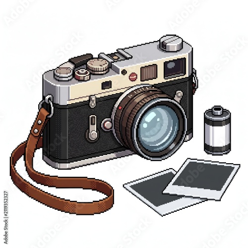Retro Pixel Art Vintage Film Camera with Leather Strap Roll of Film and Printed Photos Illustration