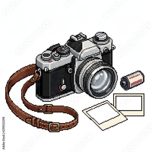 Retro pixel art illustration of a classic film camera, accompanied by a roll of undeveloped film and blank instant photo prints, evoking vintage photography memories