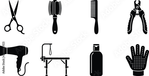 Pet grooming tool silhouette vector icon set featuring scissors double-sided brush comb claw clippers hair dryer grooming table shampoo and deshedding glove