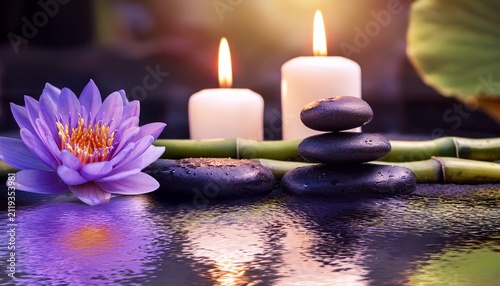 Purple Lotus Spa Scene With Candles And Zen Stones