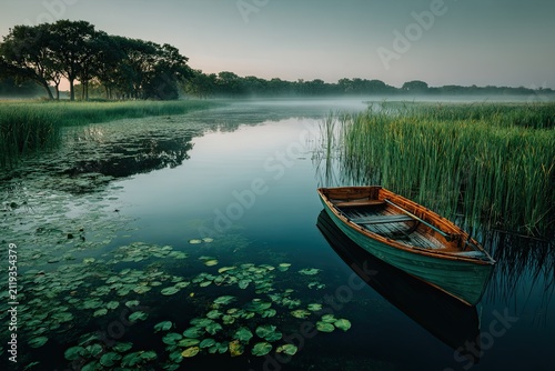 A weathered rowboat moored on a tranquil Wisconsin lake at dawn, shrouded in mist