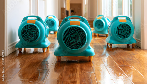 Turquoise air movers dry wet hardwood floor inside house hallway. Restoration equipment helps remove moisture after water damage or flood. Professional drying service for home interiors