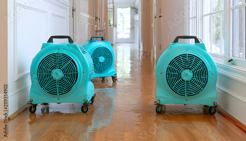 Turquoise air movers dry wet hardwood floor inside house hallway. Restoration equipment helps remove moisture after water damage or flood. Professional drying service for home interiors