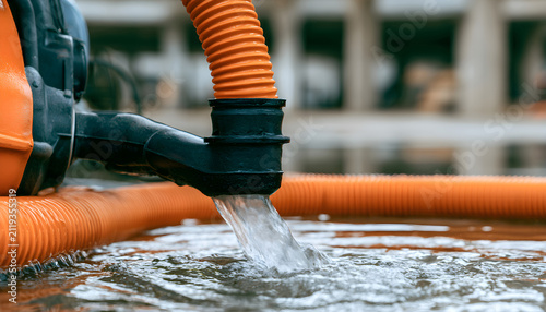 An industrial pump with orange hose actively removes standing water from a flooded indoor area, preventing further damage and restoring the space. Effective water extraction in action