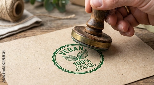 Vegan eco-friendly stamp being pressed on paper