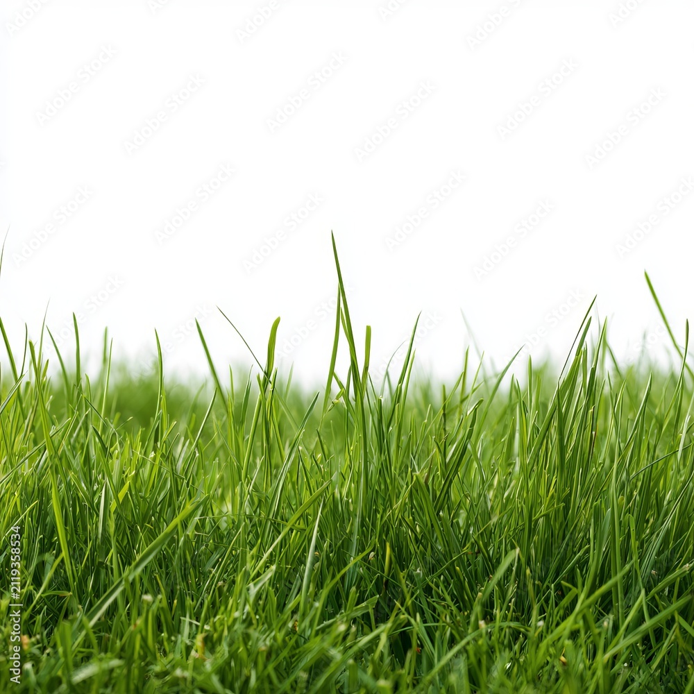 Fototapeta premium Vibrant green grass sits against a white background for banner designs.