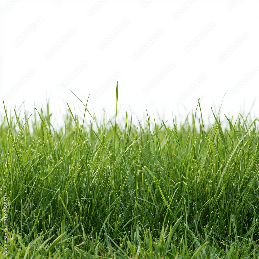 Fototapeta premium Vibrant green grass sits against a white background for banner designs.