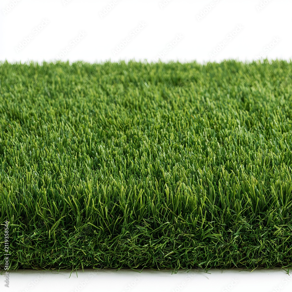 Fototapeta premium Fake green grass sits against white backgrounds for garden decor.