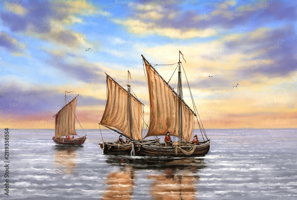 Fototapeta premium Traditional Fishing Boats with Brown Sails at Sunset on Calm Sea – Classic Maritime Oil Painting