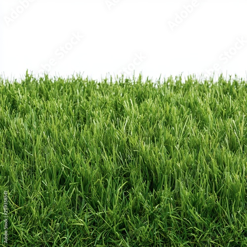 Fake green grass sits against white backgrounds for garden decor.