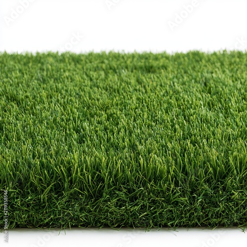 Fake green grass sits against white backgrounds for garden decor.