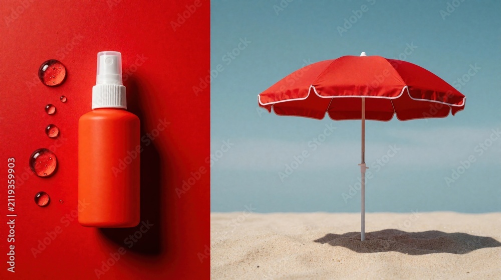 Fototapeta premium Red spray bottle with water drops next to beach umbrella on sand shore. Summer sun protection concept with cosmetic product for skin care. Plastic container for moisture mist. Bright color theme for