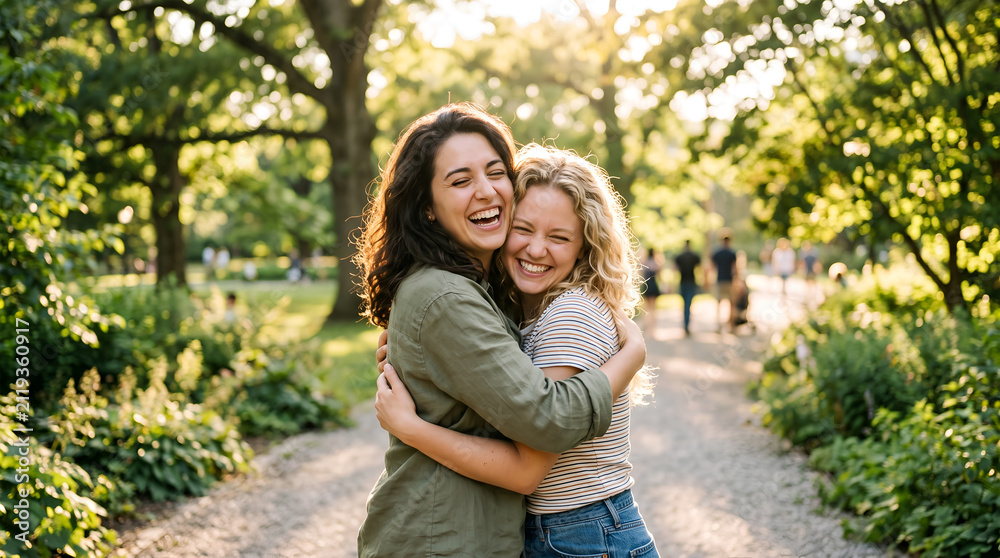 Fototapeta premium Two Friends Hugging on a Lush Garden Path