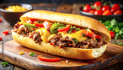 Philly cheese steak sandwich with colorful bell peppers, rustic background. AI