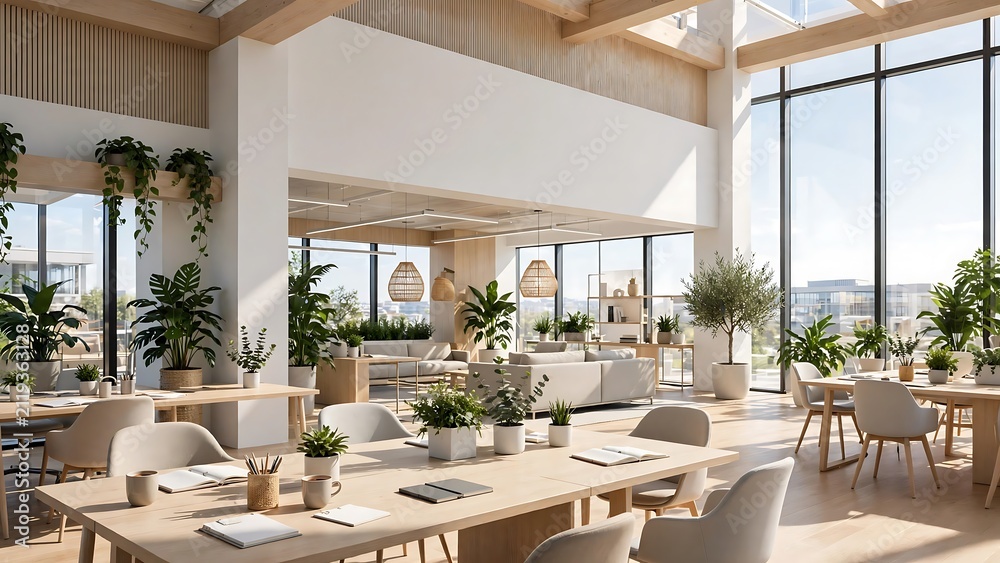 Fototapeta premium Spacious Modern Minimalist Office Interior Featuring Natural Wood Accents and Ample Copy Space for Professional Branding