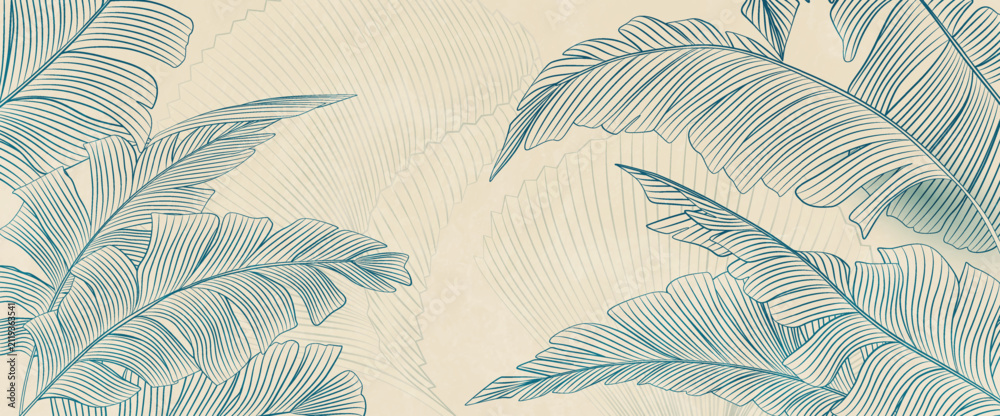 Fototapeta premium Luxury botanical art background with hand-drawn blue or green tropical leaves in line style. Natural vector banner for decor, wallpaper, prints, packaging, textiles, and interiors.