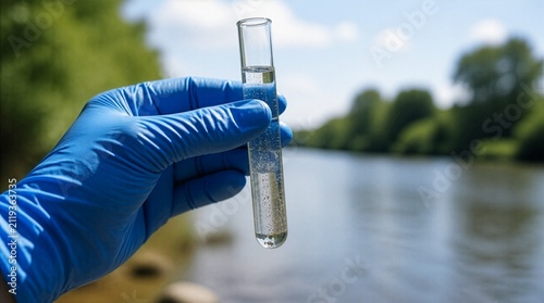 Close-up of a gloved hand holding a river water sample in a glass test tube for laboratory analysis, representing water quality monitoring, environmental research, and conservation.
