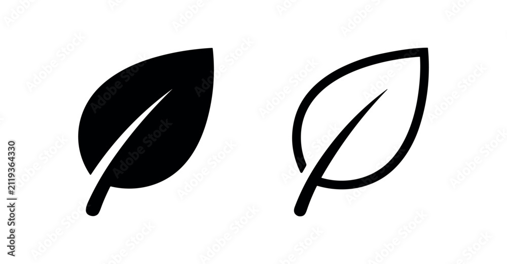 Fototapeta premium Leaf icon. Black and outline versions. Representing nature, ecology, organic products, and environmental concepts.