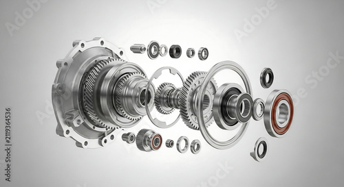 Exploded view of a complex mechanical gearbox assembly showing gears, bearings, and shafts.