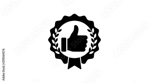 Cuadro en lienzo Ribbon rosette with thumbs up hand gesture black silhouette approval