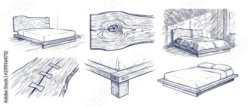 Fotografie Wooden bed frame live edge furniture sketch set showing custom timber platform bed design, woodworking butterfly joint details, and modern rustic interior concept drawings for bedroom decor