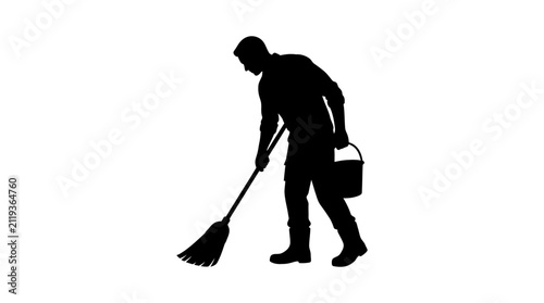 Street sweeper with broom and bucket black silhouette janitor