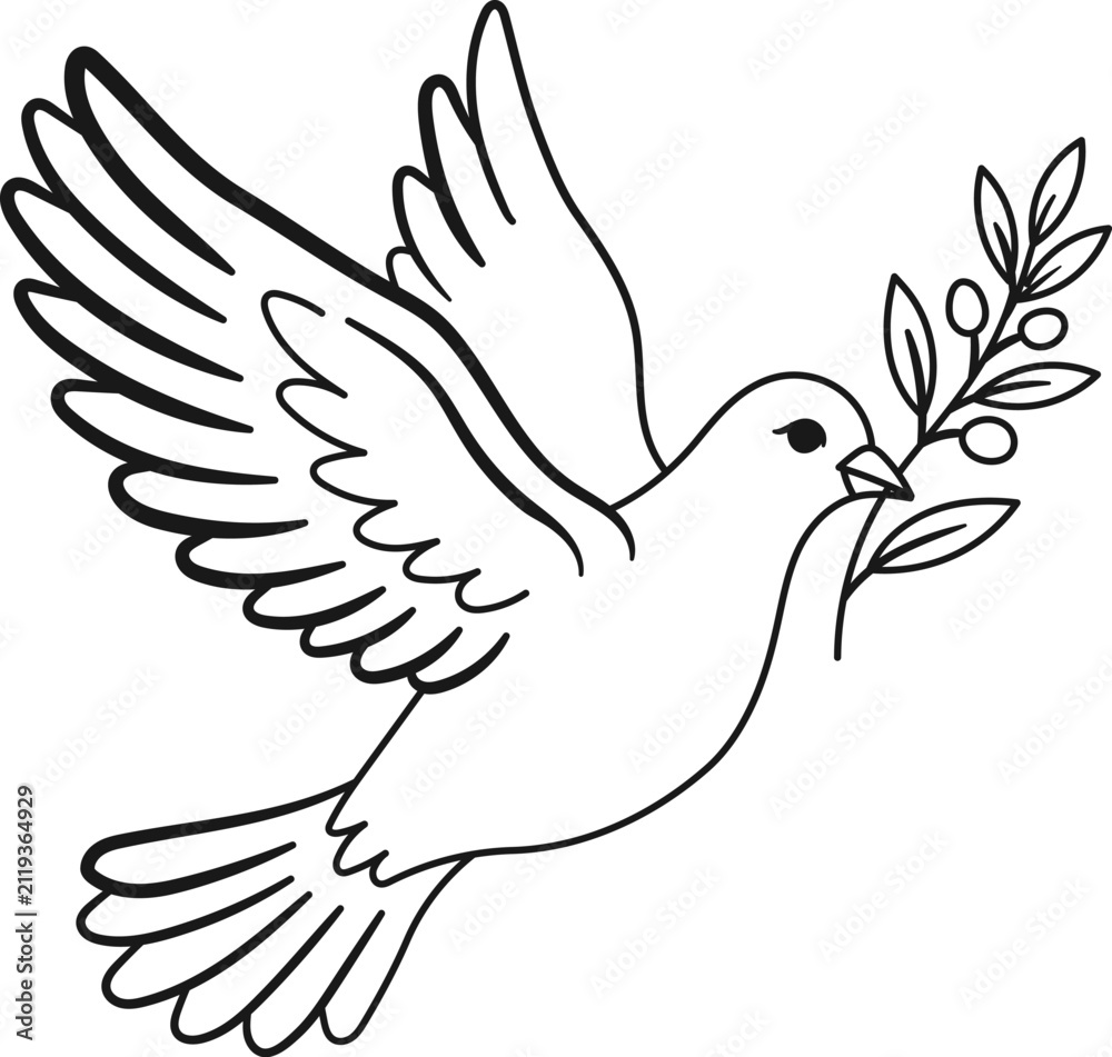Obraz premium Peace Dove Carrying Olive Branch Line Art Vector Illustration Outline Clipart