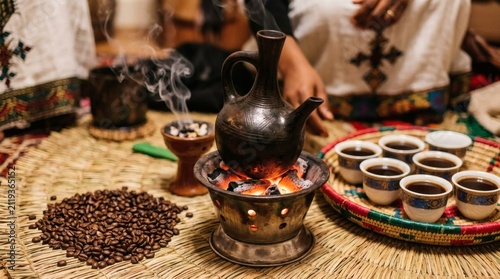 Traditional Ethiopian coffee ceremony with jebena and buna beans