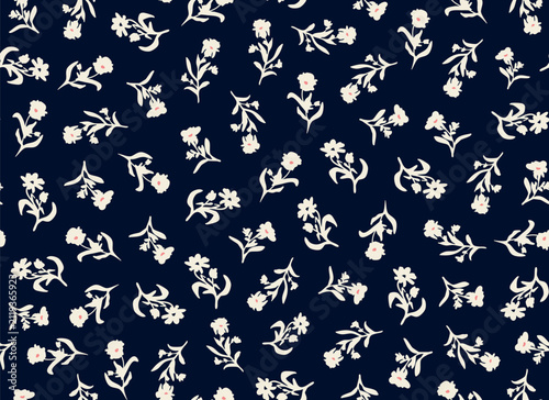 Hand drawn, flowers with leaves seamless repeat pattern on dark background. Random placed, vector botany aop, all over surface print.