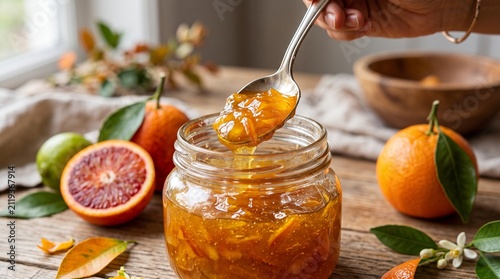 A close-up shot of freshly made citrus marmalade in a glass jar, with blood oranges and limes scattered around. A spoonful of the glistening preserve is being lifted, showcasing its chunky texture.