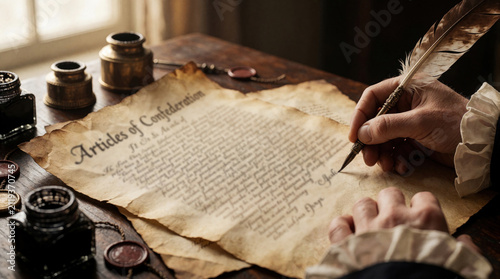 Hand writes Articles of Confederation with quill pen. Old parchment document on wooden desk with inkwells. Colonial scene, historical manuscript in progress.