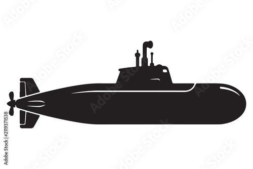 Black Silhouette of a Submarine with Propeller and Conning Tower on White Background Keywords: submarine, submersible, underwater, vessel, ship