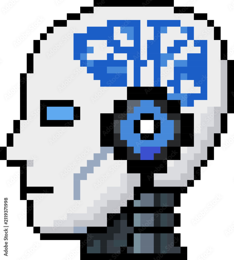 Fototapeta premium Pixel art vector illustration of a cybernetic robot head with brain circuit connections in retro 8-bit style. 