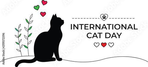 Silhouette black cat sitting with plants and hearts during International Cat Day celebration graphic