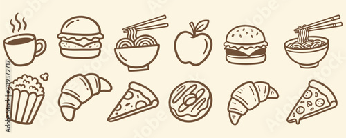 Hand drawn food icons set including burger pizza donut noodles and coffee for menu and cafe design with restaurant croissant breakfast collection illustration snacking american culinary