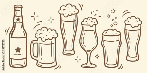 Hand drawn beer collection featuring bottles glasses and mugs with foam for bar and pub menu design beverage celebration illustration refreshment octoberfest drinkware