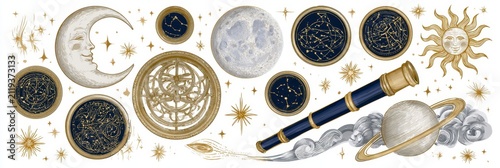 Vintage astronomical and astrology elements. Celestial design set with telescope and planets.
