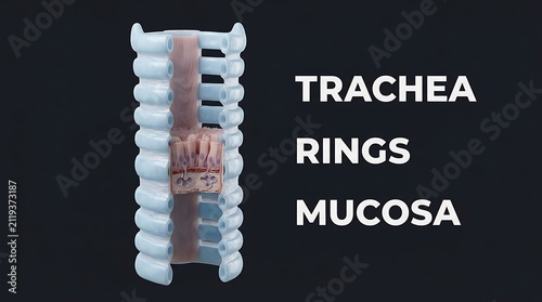 Human tracheal anatomy featuring cartilaginous rings and internal mucosa, respiratory