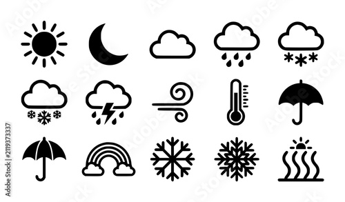 Принти на полотні Set of black weather icons representing various meteorological conditions and cl