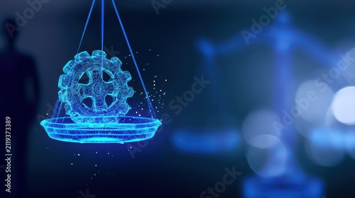 Digital scales of justice with virus icon. Cyber law concept with glowing blue data mesh.