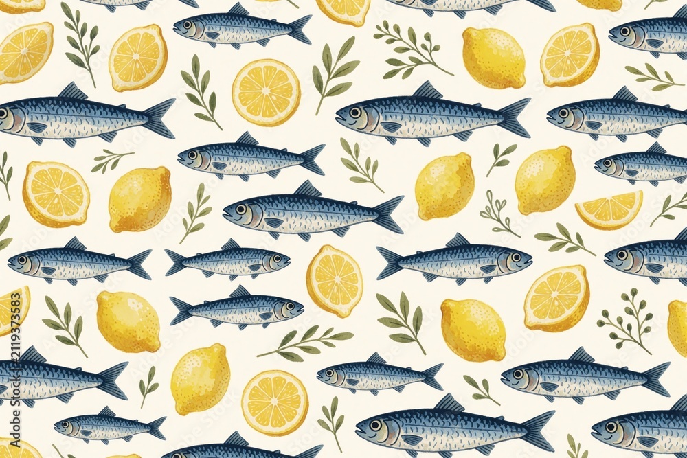 Obraz premium Seamless pattern with cute smiling sardines, fresh yellow lemons. Funny fish illustration for baby textile prints, kitchen decor. Colorful food fabric design with Mediterranean style sea animals