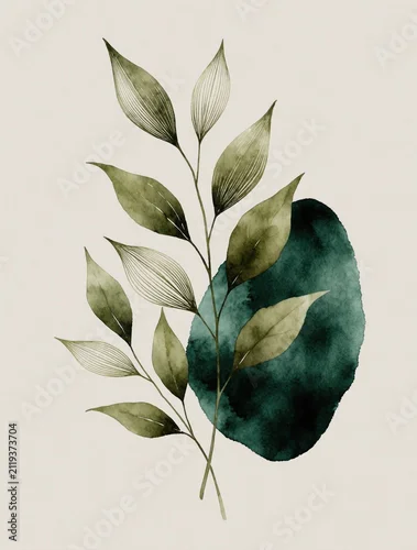 Panel kuchenny z motywem Watercolor botanical painting shows olive green leaves branch with dark emerald abstract shape. Modern minimal wall art decor print features organic plant foliage sketch design. Fluid brushstroke