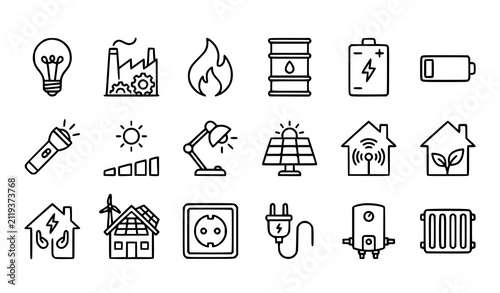Set of hand drawn energy and power icons representing electricity renewable sources and household utility appliances