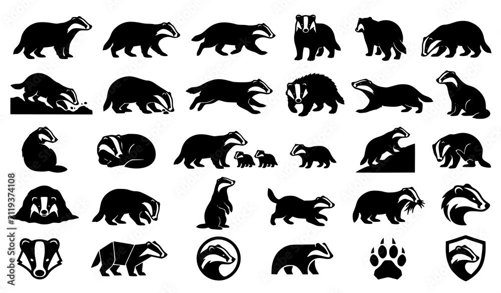 Fototapeta premium Set of badger silhouettes showing various poses and activities in a simple black and white vector style