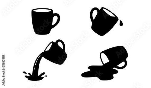 Obraz na płótnie Set of black coffee mug silhouettes showing pouring liquid and spilling drinks o