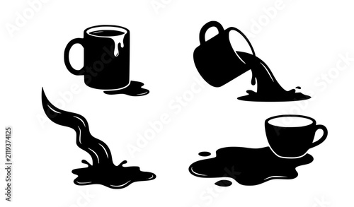 Fotografie Set of black coffee mug silhouettes with spilling liquid and puddles isolated on