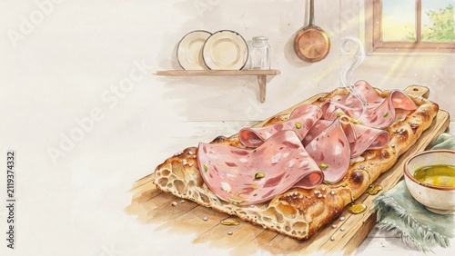 The national dish of Italian cuisine. 
Pizza alla Pala con Mortadella is a rectangular pizza on a wooden shovel, made of crispy dough and stuffed with mortadella. A photo with a place for the text.