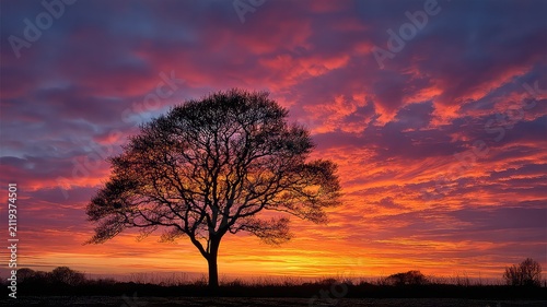 Silhouette tree against fiery sunset sky