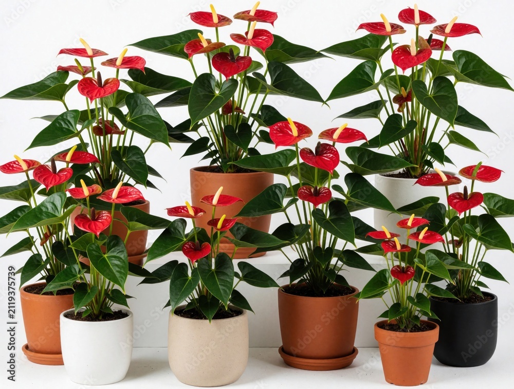 Obraz premium Collection of red anthurium flowers in various pots. Potted tropical plants with green leaves stand on white surface. Decorative botanical indoor arrangement brings vibrant natural beauty to home